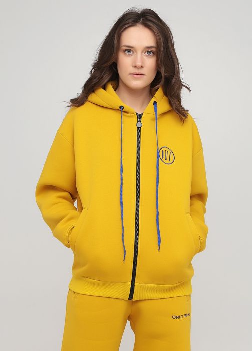 Толстовка женская зимняя Only Women горчичная с рибаной внизу