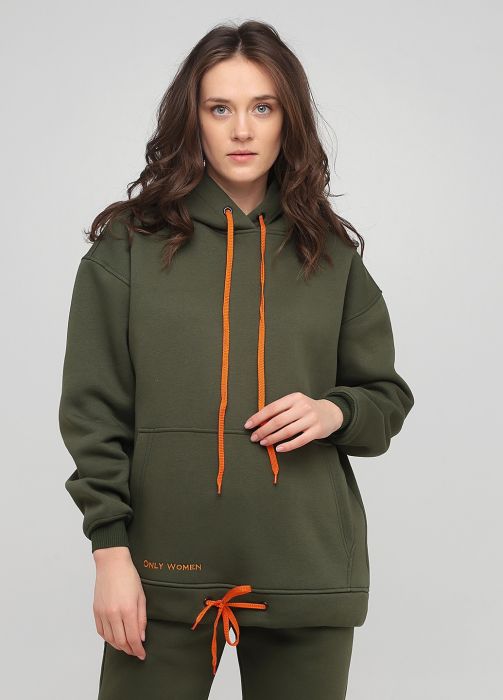 Худі жіноче зимове Only Women оливкове з помаранчевою вишивкою