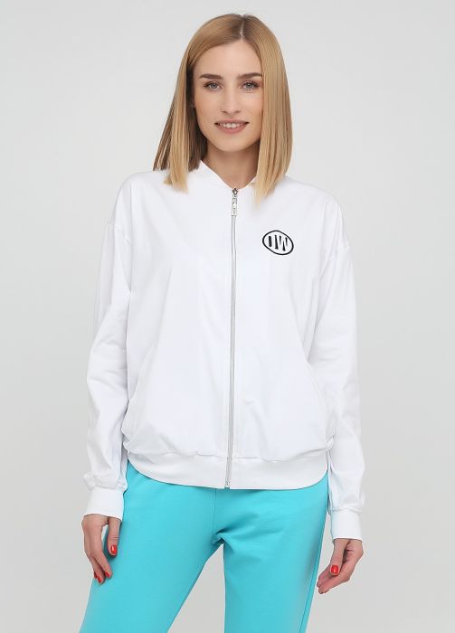 Толстовка-бомбер женская летняя Only Women белая с шевроном на груди (удлиненная)