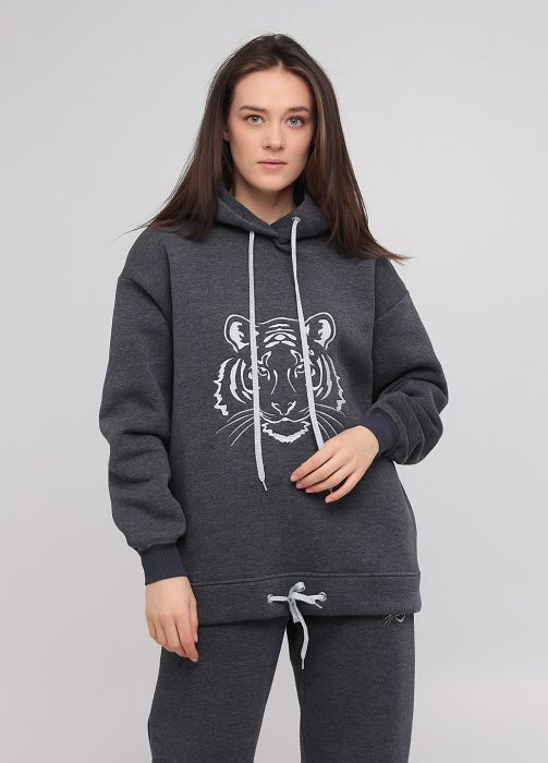 Худі жіноче зимове Only Women графітове з великим сріблястим тигром на грудях Худі жіноче зимове Only Women графітове з великим сріблястим тигром на грудях