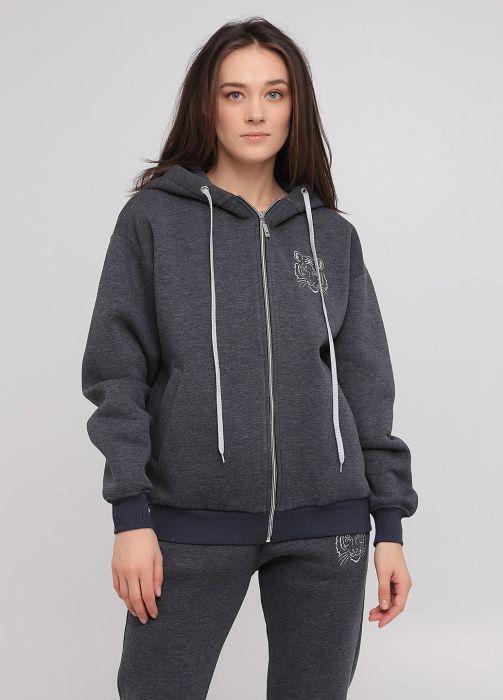 Толстовка жіноча зимова Only Women графітова з рібаною знизу та тигром на грудях Толстовка жіноча зимова Only Women графітова з рібаною знизу та тигром на грудях