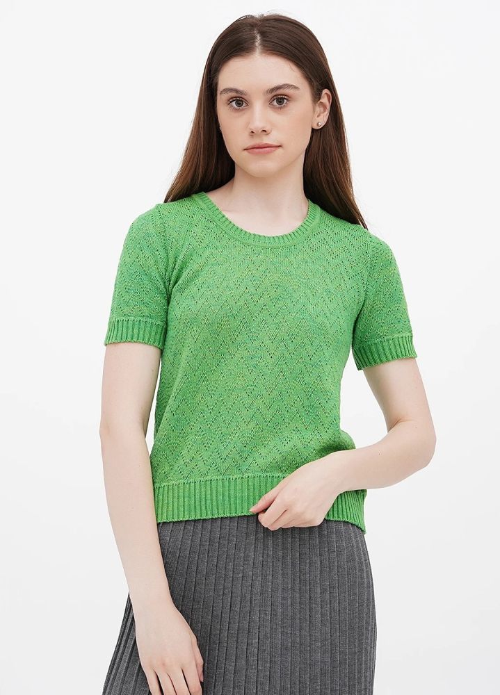 Блузка женская летняя вязаная Only Women светло-зеленая с рукавом на резинке из хлопка