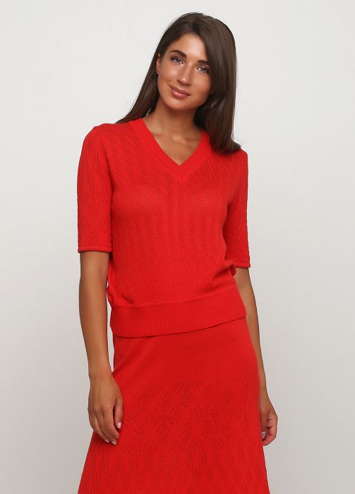 Блузка жіноча літня в'язана V-виріз Only Women червона з бавовни Блузка жіноча літня в'язана V-виріз Only Women червона з бавовни