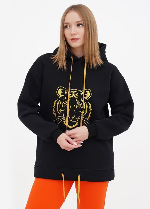 Худі жіноче зимове Only Women чорне з великим золотим тигром на грудях