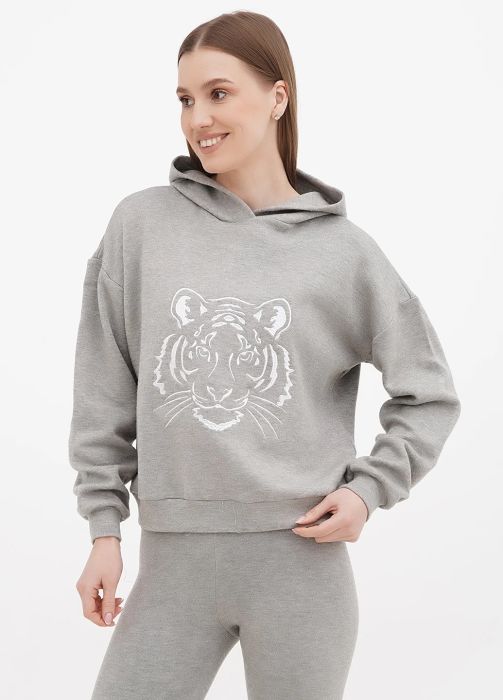 Худи женское зимнее Only Women серое из ангоры с большим серебристым тигром на груди