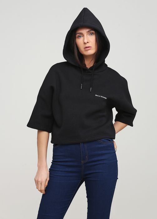 Худи женское Only Women черное укороченное с укороченным рукавом 