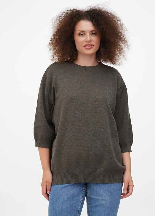 Джемпер женский вязаный Only Women оливковый меланж из кашемира и шелка (рукав 3/4)