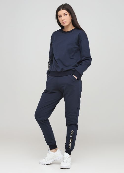 Брюки-джоггеры женские темно-синие демисезонные с желтой вышивкой внизу (в./р.) Only Women