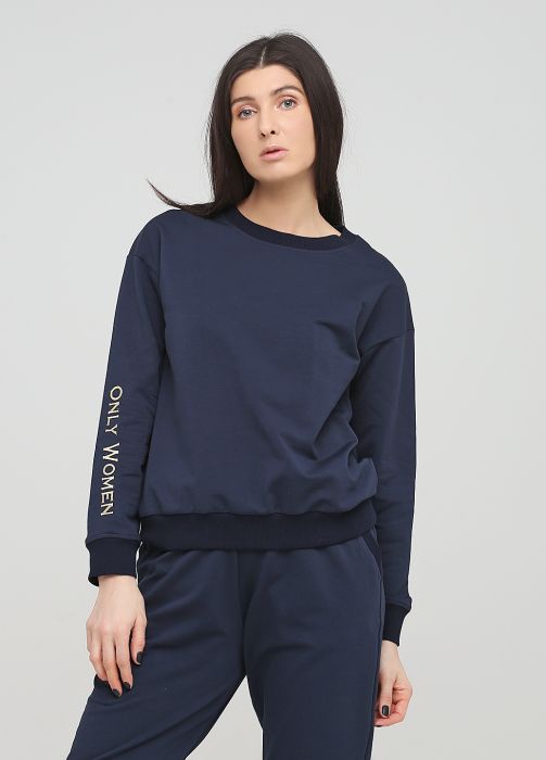 Свитшот женский демисезонный Only Women темно-синий с желтой вышивкой на рукаве