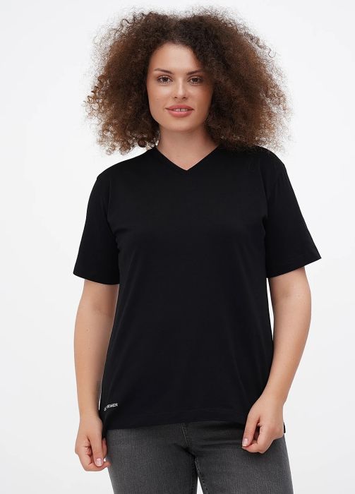 Футболка женская sheina V - горловина Only Women черная с маленькой белой вышивкой впереди внизу