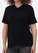 Футболка женская sheina V - горловина Only Women черная с маленькой белой вышивкой впереди внизу