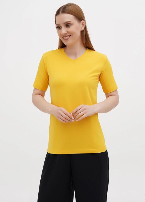 Футболка жіноча sheina V-виріз Only Women жовта (сонячний відтінок) зі сріблястим лого ззаду