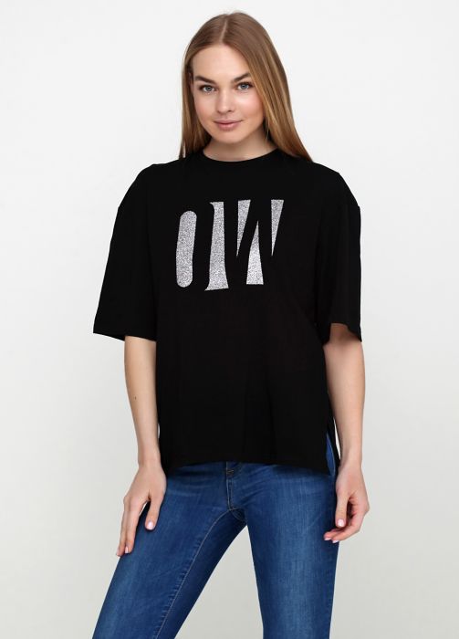 Футболка женская черная с большим серебристым логотипом Only Women