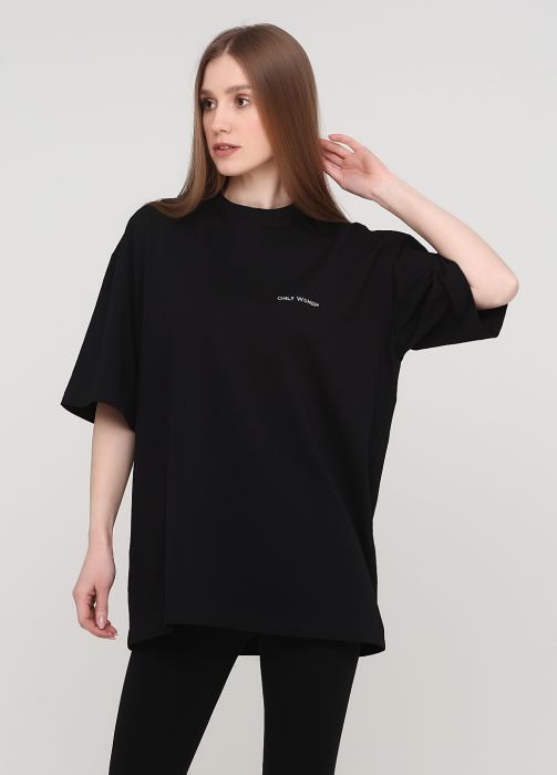 Футболка женская Only Women черная с маленькой белой вышивкой впереди (oversize)