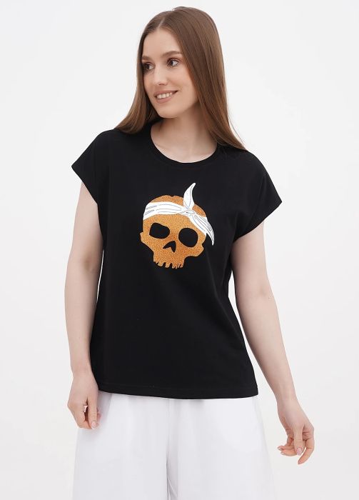 Футболка женская fiona Only Women черная с черепом с косынкой