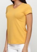 Футболка женская с V-вырезом Only Women горчичная с серебристым лого сзади