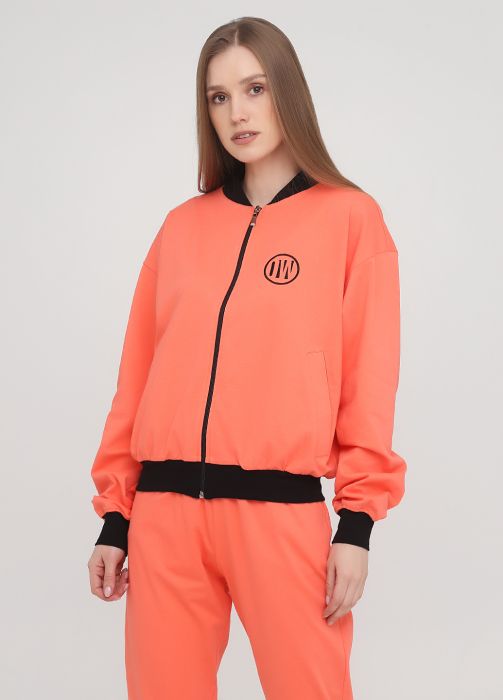 Толстовка-бомбер женская демисезонная Only Women персиковая с шевроном на груди укороченная (лакоста)