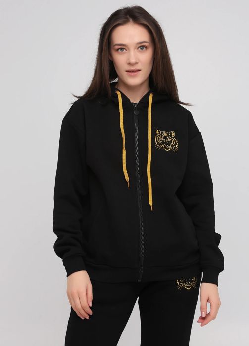 Толстовка жіноча зимова Only Women чорна з рібаною знизу та тигром на грудях